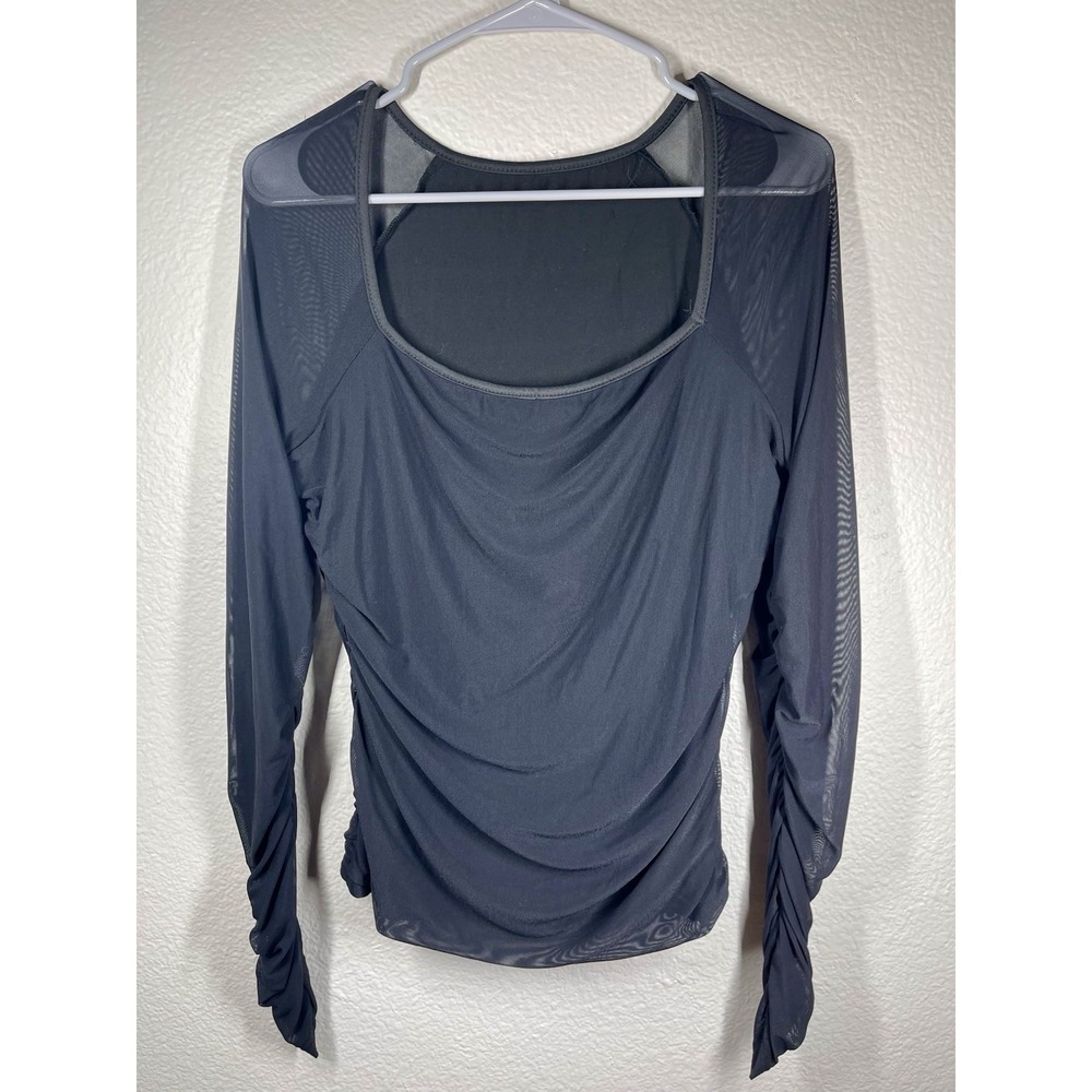 Gamiss Black Sheer Women's Ruched Sleeve Top Large Pullover Stretchy Fitted